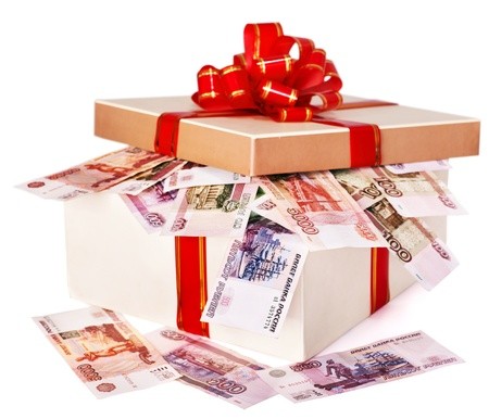 10852909 - gift box with money (russian rouble). isolated.